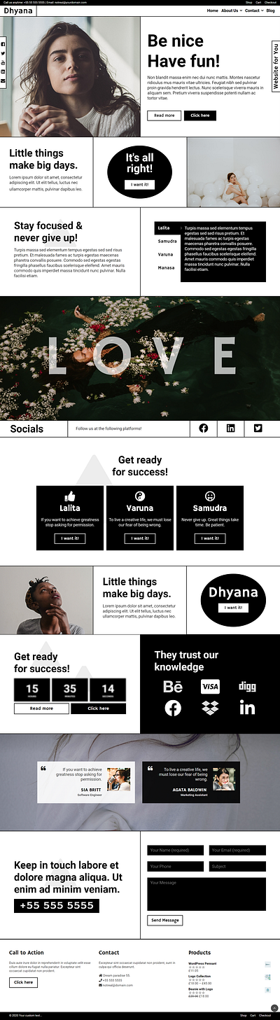 Dhyana WPKoi WordPress Theme app black border clean elementor modern portfolio template unique web design webdesign webshop website white wordpress