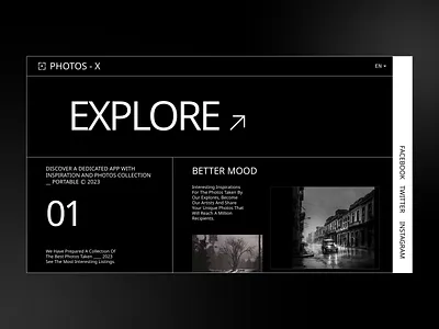 Photos-X (Art) action art branding brutorisum collection dark dark mode design fonts graphic design hero section illustration logo minimal photos ui