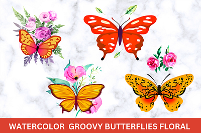 watercolor groovy butterflies floral png bundle graphic design inspiratonal sticker png bundle ui