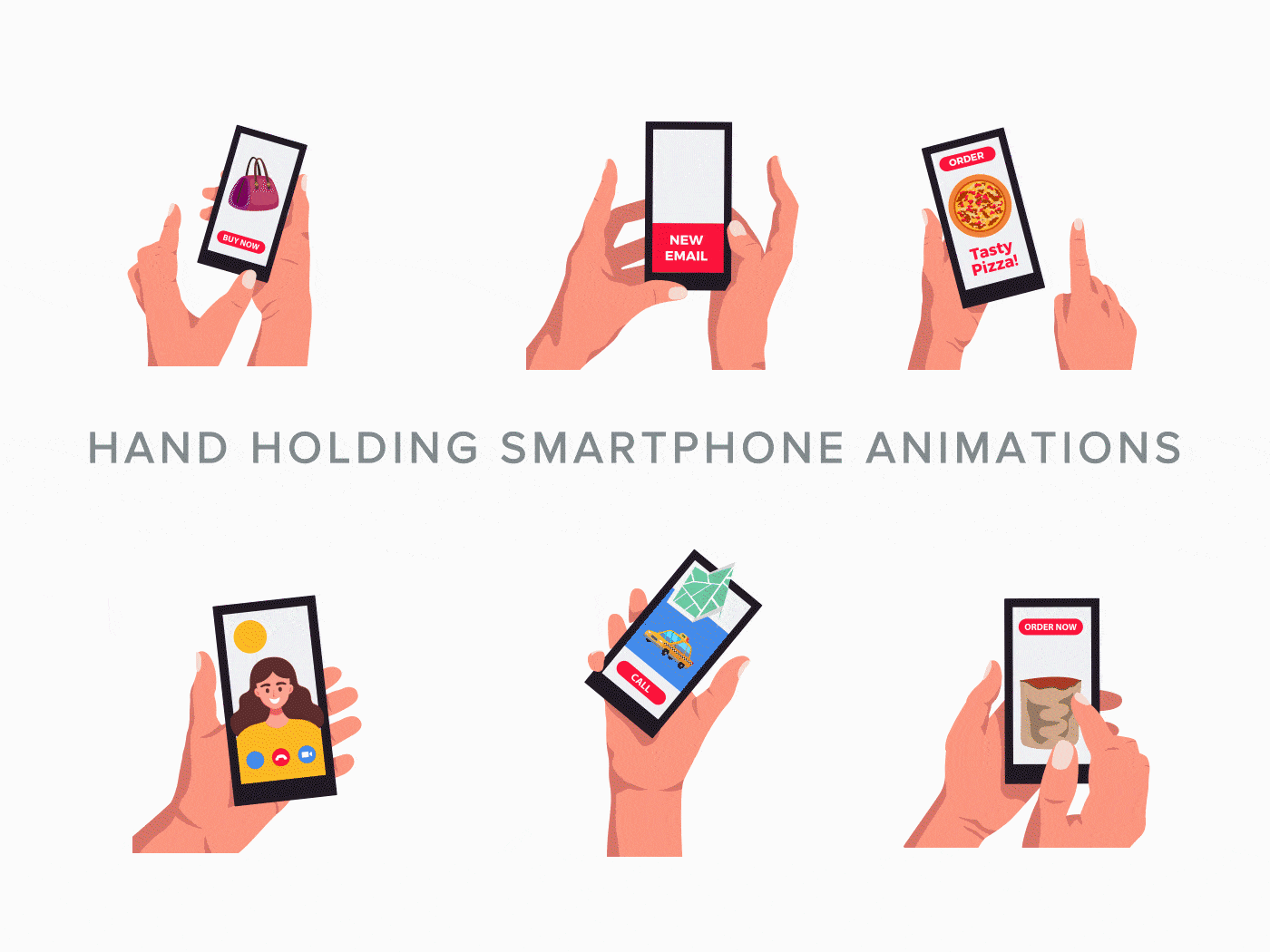 Hand holding smartphone animations for website and mobile app animation design food graphic design illustration json logo lottie lottie json motion graphics offer pizza sale shopping taxi ui video call web animation