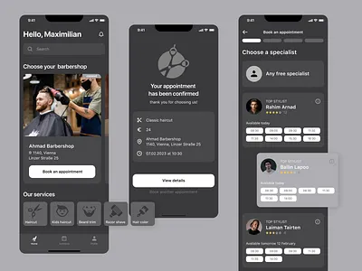 Barber shop app app barbershop dark theme design iphone mobile mobiledesign ui