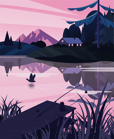 Lake house cat digitalart illustration illustrator lake landscape vector