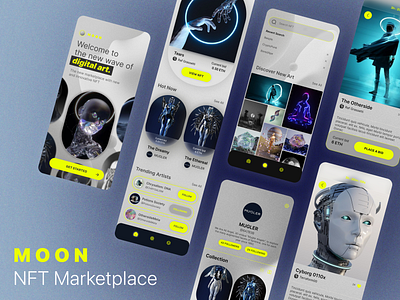 Moon: NFT Marketplace App app crypto cyborg futuristic graphic design minimal neon nft scifi ui ux