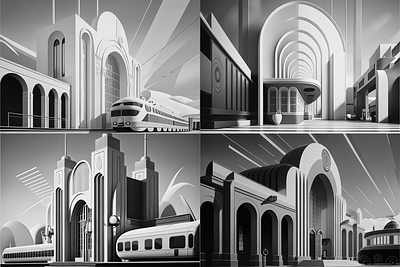 Illustrations of Art Deco Train Stations design illustration