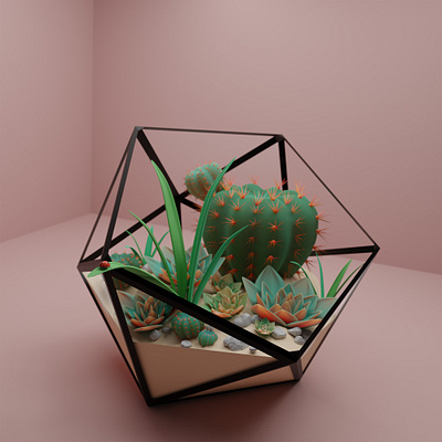 Terrarium with succulents 3d blender cactus composition illustration ladybug nature plants
