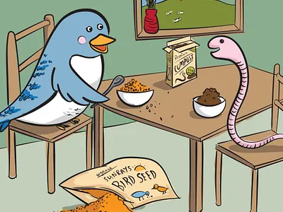 Early worm feeds the bird bird art cartoon character childrens art childrens book design digital illustration digital sketch graphic design hand drawn illustration sketch