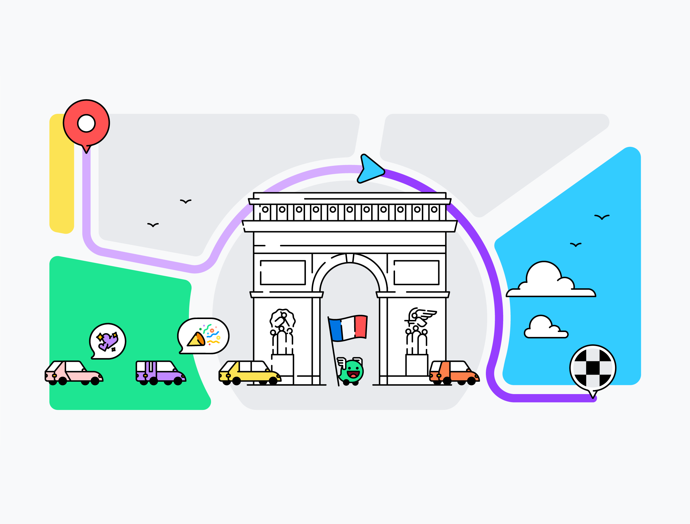 Waze Tour de France illustration arc de triomphe branding cars character editorial france google illustration line map navigation route shapes tour de france waze