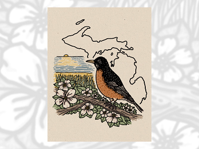 American Robin americanrobin appleblossom birds design drawing flowers illustration michigan