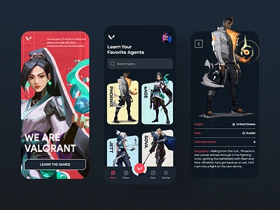 Valorant agents - mobile app characterdesign clean esport app game mobile app games gaming gamingdesign minimal stream stream aoo ui userexperience userinterface ux valorant valorant app