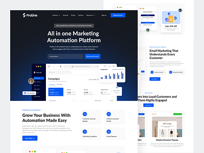 Proline - Marketing Automation Platform analytic automation campaign chart click rate component email email marketing email sent engagement landing page management marketing marketing automation product saas sms marketing template web design workflow