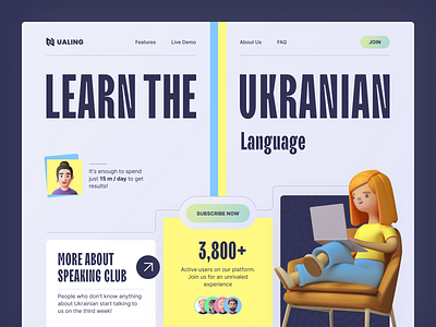 Ualing – Speaking Learning Language Club Landing 3d clean creative interface landing language minimalism product school service speak startup ui uiux ukraine ukrainian ux web website