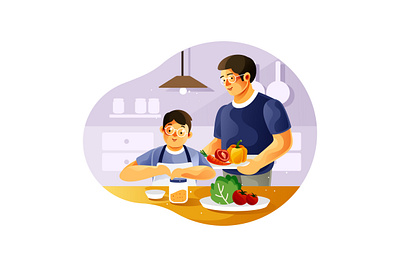 Father and son cook together in the kitchen relationship