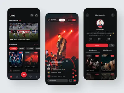 Livee - Streaming Mobile App apps clean dark mode design game gaming live app live stream live streaming live video mobile stream stream app streaming twitch ui ui design uiux ux video