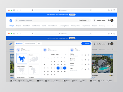 Anchor - Navigation Booking & Filter🔥 accommodation book booking dashboard date filter header naviagtion marketplace mega naviagtion menu minimal navbar navigation product design real estate reservation trip ui ux vacation