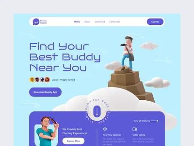 Buddy Finder Website 3d app audiocall branding buddy chat design friend illustration landingpage logo netwark networking social trendy ui uiux ux vector videocall