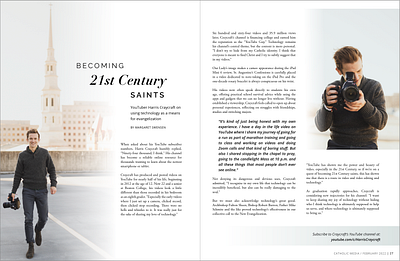 magazine spread: becoming 21st century saints catholic christian editorial design evangelize graphic design indesign layout magazine modern negative space photography typography youtuber