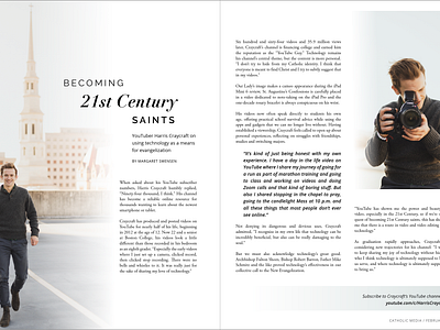 magazine spread: becoming 21st century saints catholic christian editorial design evangelize graphic design indesign layout magazine modern negative space photography typography youtuber