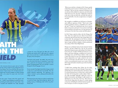 magazine spread: faith on the field athletic catholic christian editorial editorial design faith field graphic design indesign layout magazine layout magazine spread nike print design soccer soccer player sports typography