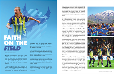magazine spread: faith on the field athletic catholic christian editorial editorial design faith field graphic design indesign layout magazine layout magazine spread nike print design soccer soccer player sports typography
