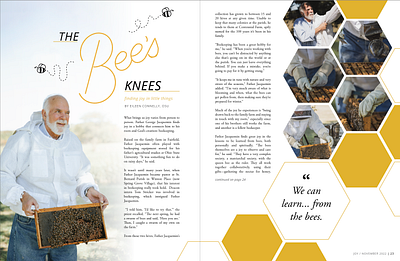 magazine spread: the bee's knees bee beekeeper bees catholic christian design editorial graphic design honey honey bees honey comb joy layout magazine magazine spread photography priest typography