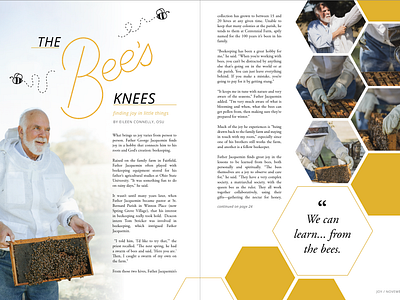 magazine spread: the bee's knees bee beekeeper bees catholic christian design editorial graphic design honey honey bees honey comb joy layout magazine magazine spread photography priest typography