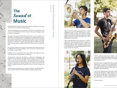 magazine spread: school band catholic christian design editorial graphic design grid indesign layout magazine magazine spread marching band musical instruments negative space photography school band