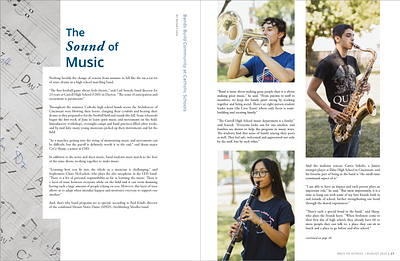magazine spread: school band catholic christian design editorial graphic design grid indesign layout magazine magazine spread marching band musical instruments negative space photography school band