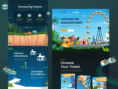 Theme Park Landing Page 🎢 booking chart children custom cute dashboard design desktop fun green illustration landing page mobile monster orely theme park ticket train ui website