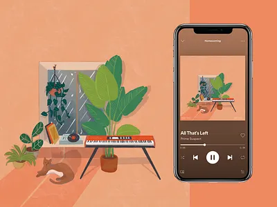 album artwork album art album cover cat chill hop digital illustration graphic design house plants illustration ipad procreate keyboard light and shadow lofi lofi chill hop midcentury modern music music artist record player retro spotify vinyl