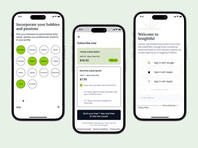 Insightful News Mobile App Design app apps design clean design app minimal mobile mobile app onboarding subscription subscription ui ui uiux ux