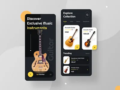 Musical Instruments Store Application app design cart dark ui ecommerce app guitar instrument marketplace mobile app mobile design mobile ui music instruments music shop music store musical instruments online shop shop shopping app store store app ui design