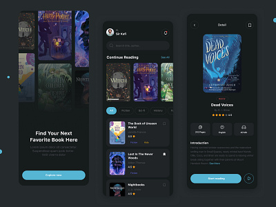 Mobile Reading App - Dark Mode blue books darkmode design mobile read reading ui uiux ux