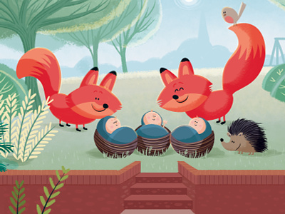 A triplet babycard baby fox foxes garden robin triplet yard