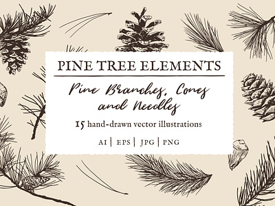 Pine Tree Elements art branches cone detailed elements hand drawn illustration nature needles pine pine cone pine tree seeds vector vintage