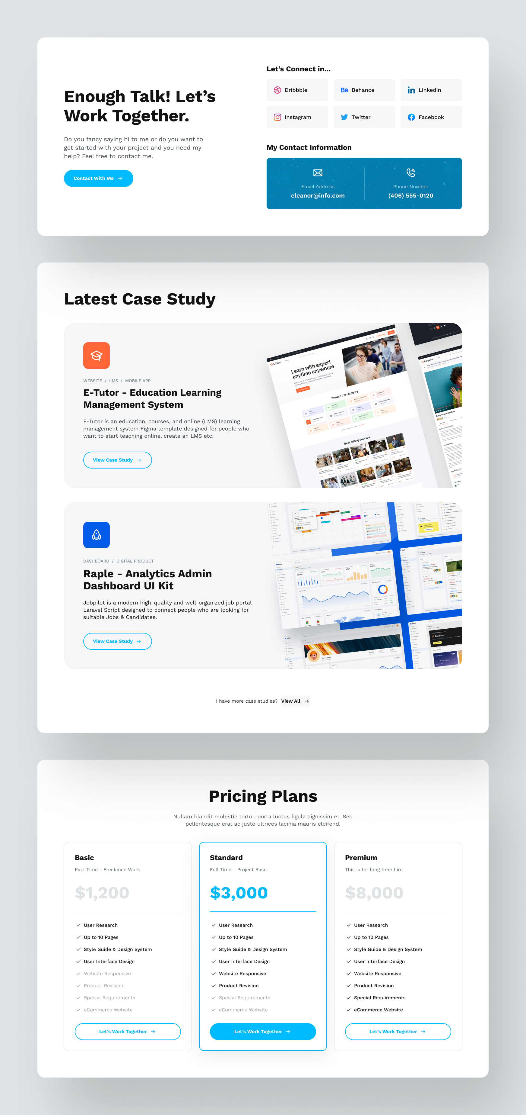 Portfolio Section UI [Light] call to action case study clean design contact info cvresume designerzafor figma design figma template html template kevin light ui personal portfolio portolio pricing plan templatecookie ui ux