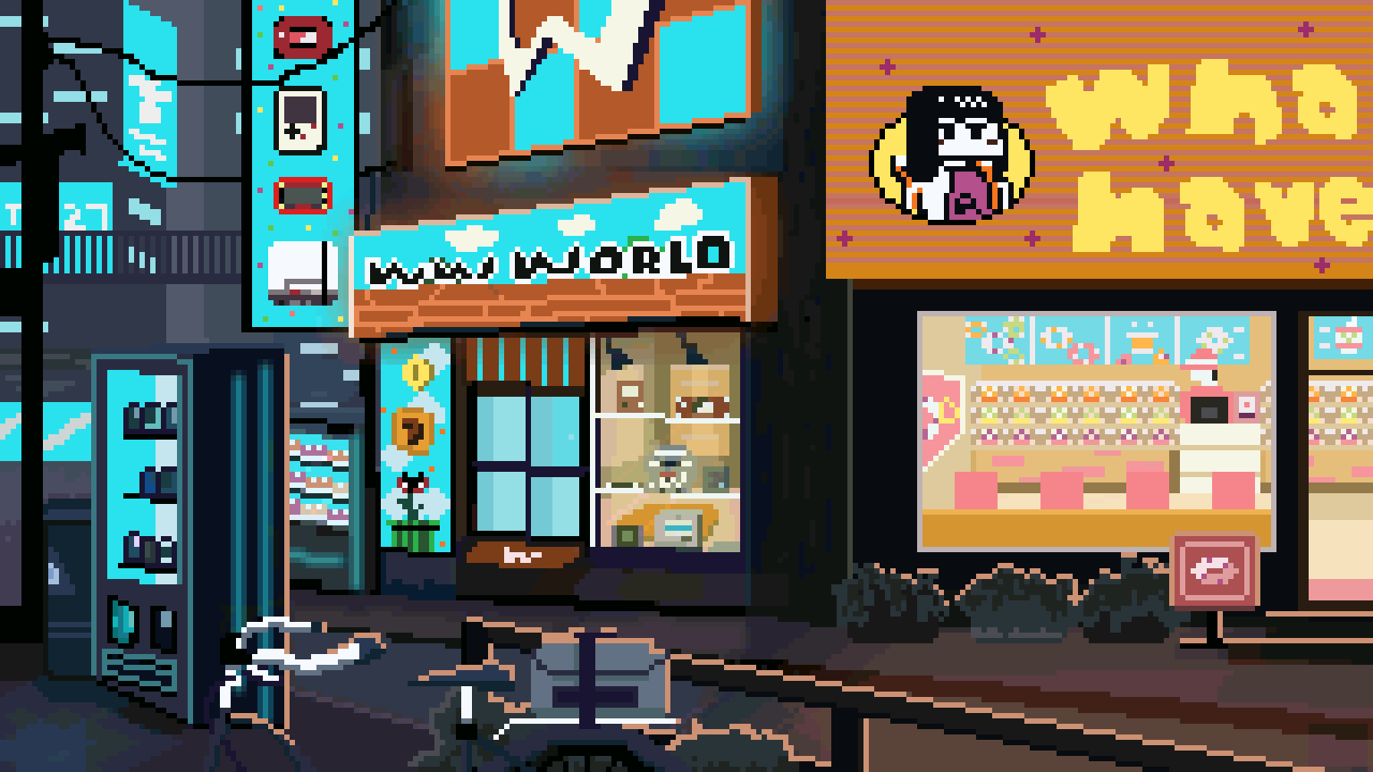 Nerdy Night life [game/snack] 8bit animation city city night city night view city shop donut donutshop gamer gamer world gameshop mariofan night night life pixel animation pixel art pixel artwork pixelart vdogame