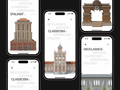 Mobile concepts of an architectural studio website | Lazarev. 3d adaptation app application architecture bulding catalogue clean concept design experience gallery illustration interactive mobile object swiss style ui ux white