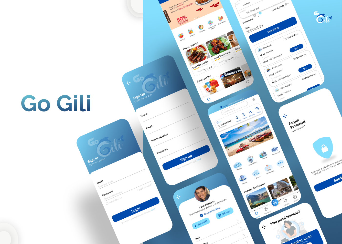 Go Gili Mobile App - Lombok Rides Made Easy with Go Gili app branding dashboard design gojek grab illustration logo minimal mobile mockup transport uber ui ux