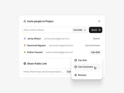 Share app clean comment design edit flowmapp inprogress invite members people permission popup product design romove share sharing simple ui users ux