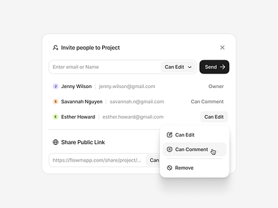 Share app clean comment design edit flowmapp inprogress invite members people permission popup product design romove share sharing simple ui users ux