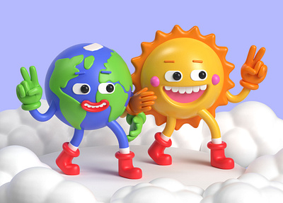 Earth and Sun characters 3d illustration. Happy face. Earth day 3d cartoon cg character character illustration cinema4d comic design doodle earth earth character earth day friends happy illustration planet poster render sun vintage