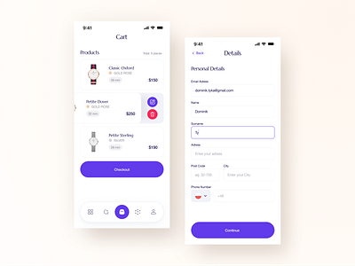 Cart & Details (checkout) - Daniel Wellington Concept app app application cart checkout concept design dropdown ecommerce input ios jewelry mobile mobile app modern product store ui ui design ux watches