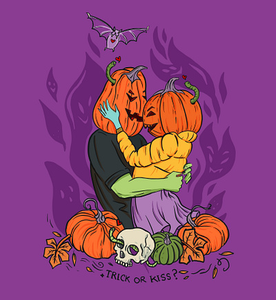 Trick Or Kiss Halloween love affair 2d cartoon girly halloween illustration pop