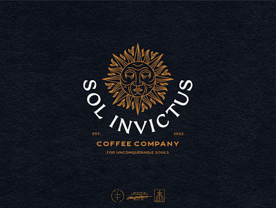 Sol Invictus Coffee Co. black branding brew brewing character coffee drink face gold hand drawn illustration logo logo design luxurious luxury serif sun typography vintage visual identity