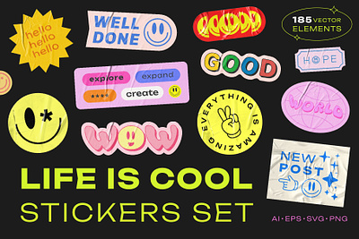 LIFE IS COOL STICKERS PACK 90s abstract acid art badge cool design drug emoji emoticon groovy happy illustration pack patch positive smile sticker trendy y2k