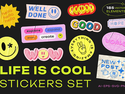 LIFE IS COOL STICKERS PACK 90s abstract acid art badge cool design drug emoji emoticon groovy happy illustration pack patch positive smile sticker trendy y2k