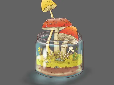 Mushroom growing from glass pot.
