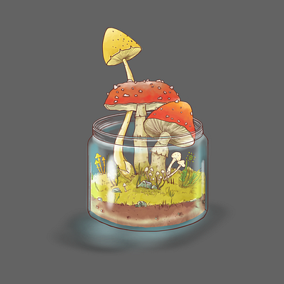 Mushroom growing from glass pot.