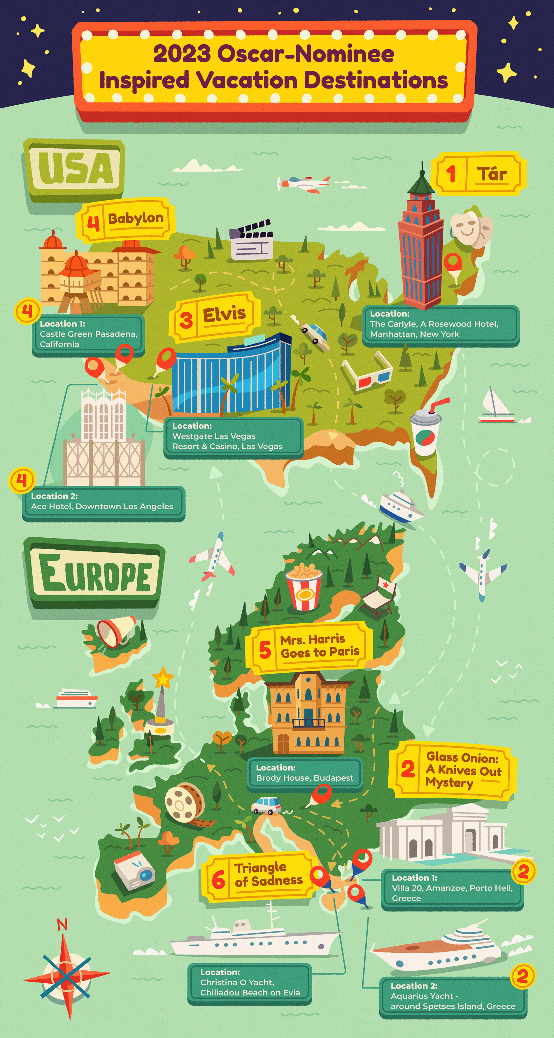 2023 Oscar-Nominee map architecture art building design earth europe illustration map movies oscar travel usa vector world