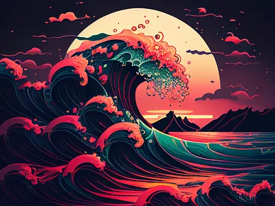 Ocean Wave Illustration illustration moon illustration ocean red sun sunset vibrant colors